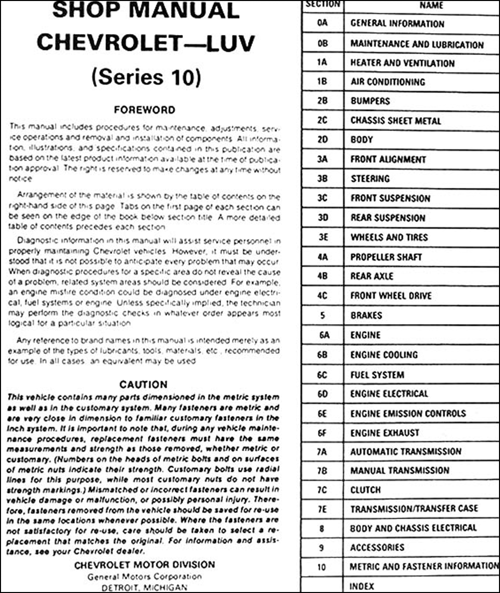 1979 Chevy Luv Shop Manual - Reprint Service Book With Wiring Diagram