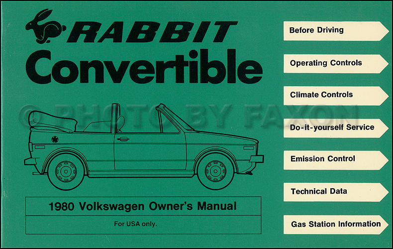 1980 Volkswagen Rabbit Convertible Owner's Manual Original