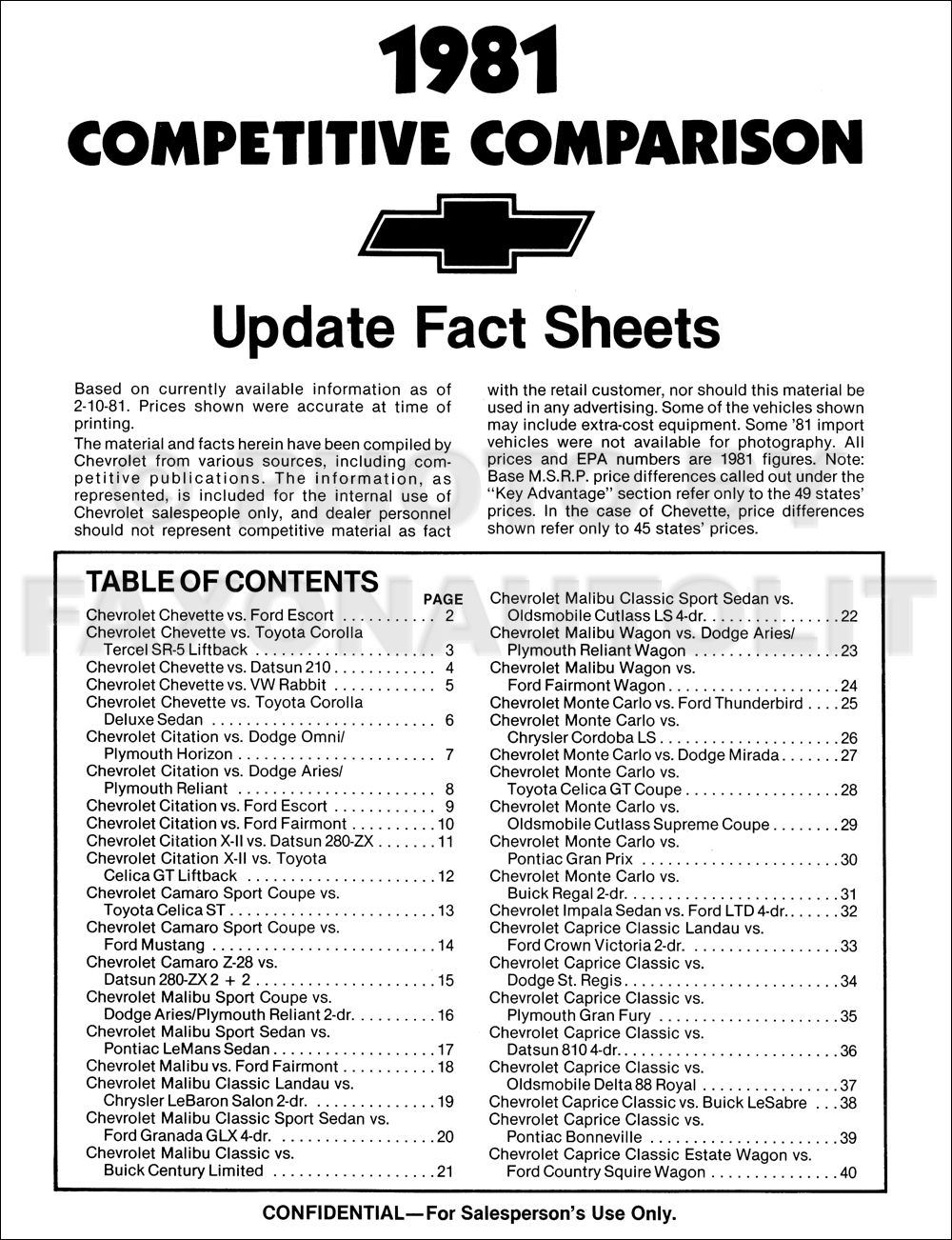 1981 Chevrolet Car Competitive Comparison Dealer Album Original