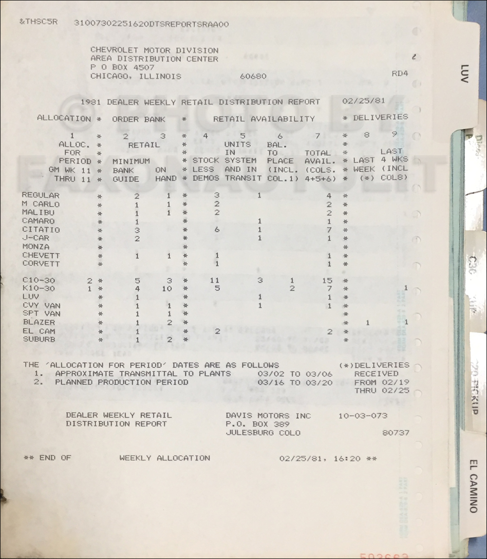 1981 Chevrolet Truck Dealer Order Record Book Original