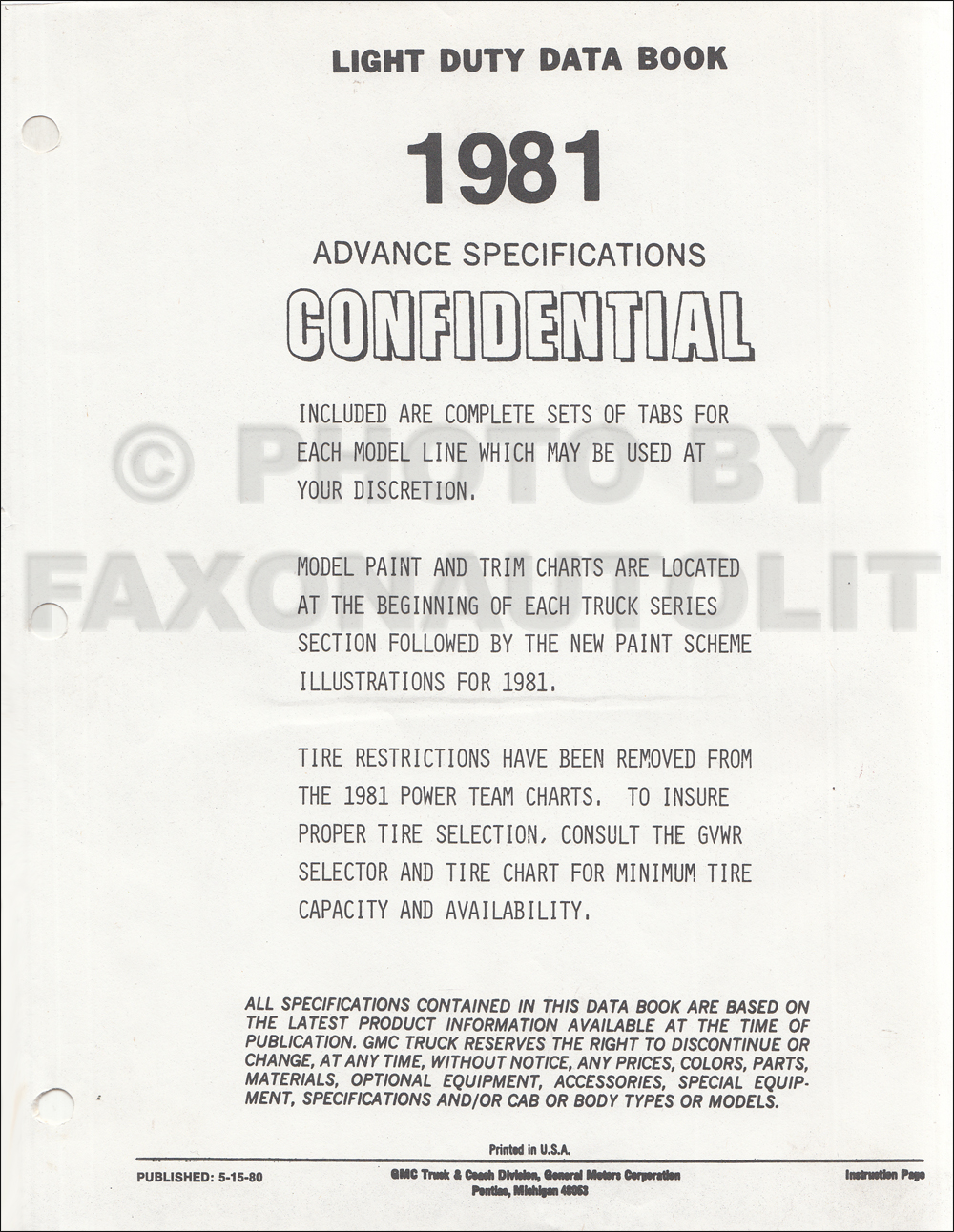 1981 GMC Advance Light Duty Data Book Original