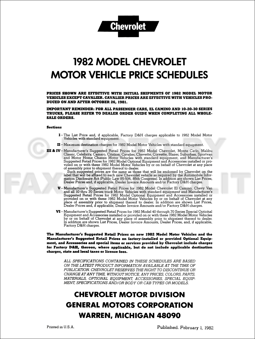 1982 Chevrolet Price Schedule Dealer Album Original
