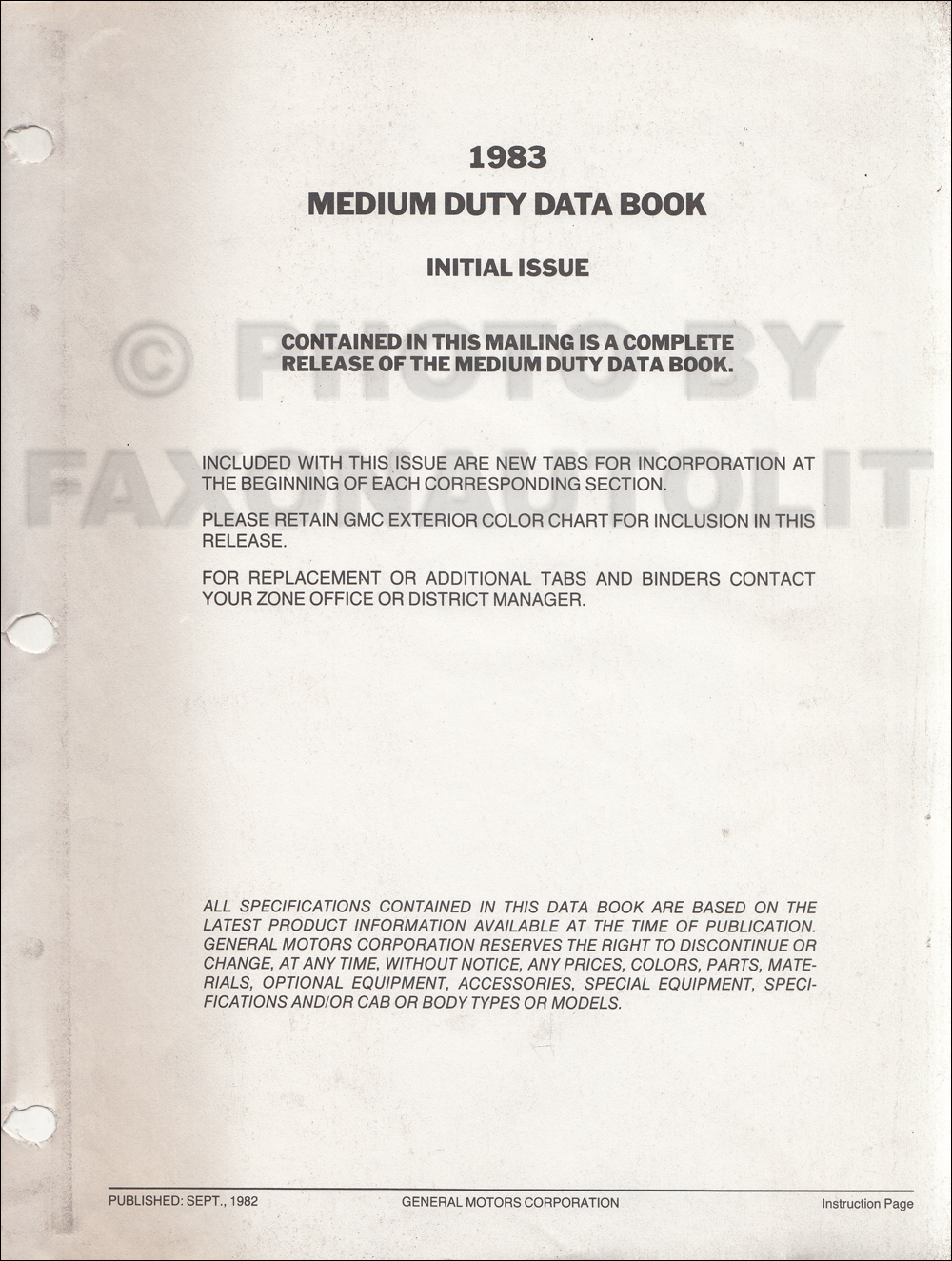 1983 Chevrolet Medium Truck Preliminary Data Book Original 