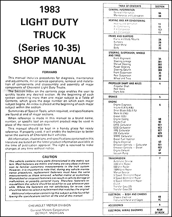 Blazer Suburban & Van Shop Manual CD CHEVROLET 1982 & 1983 Pick Up Truck 