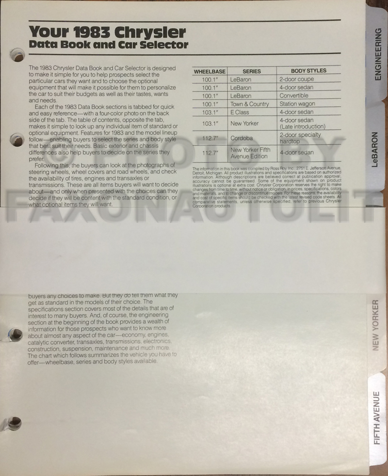 1983 Chrysler Data Book Original