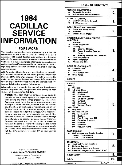1984-1985 CADILLAC  SHOP MANUAL  AN BODY MANUAL