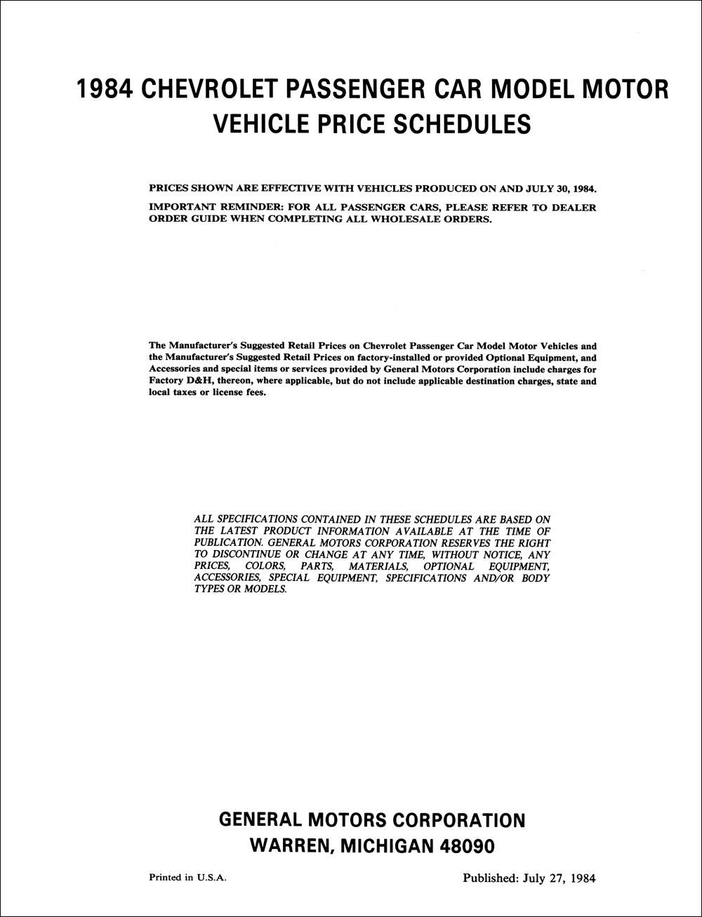 1984 Chevrolet Price Schedule Dealer Album Original 