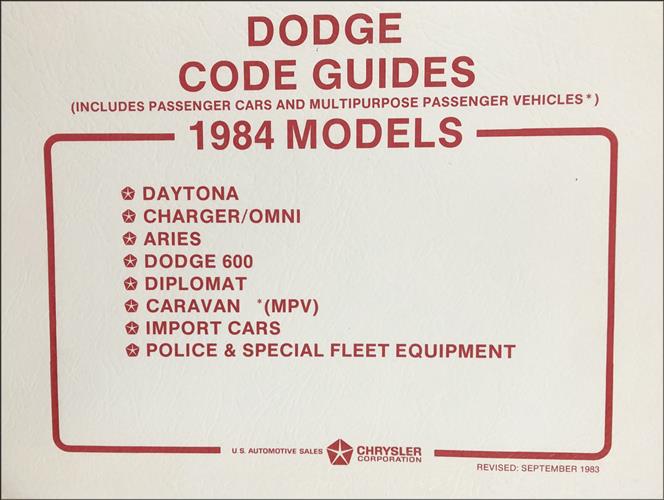 1984 Dodge Car Ordering Code Guide Original