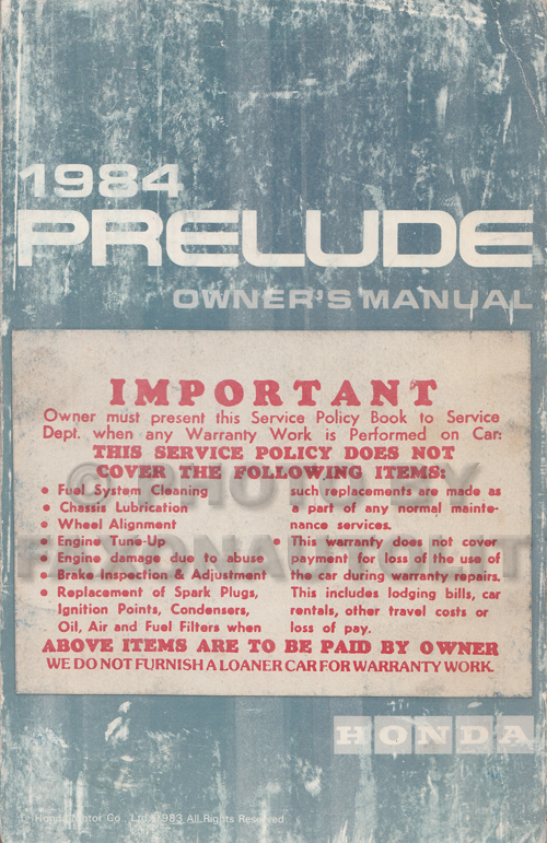1984 Honda Prelude Owner's Manual Original