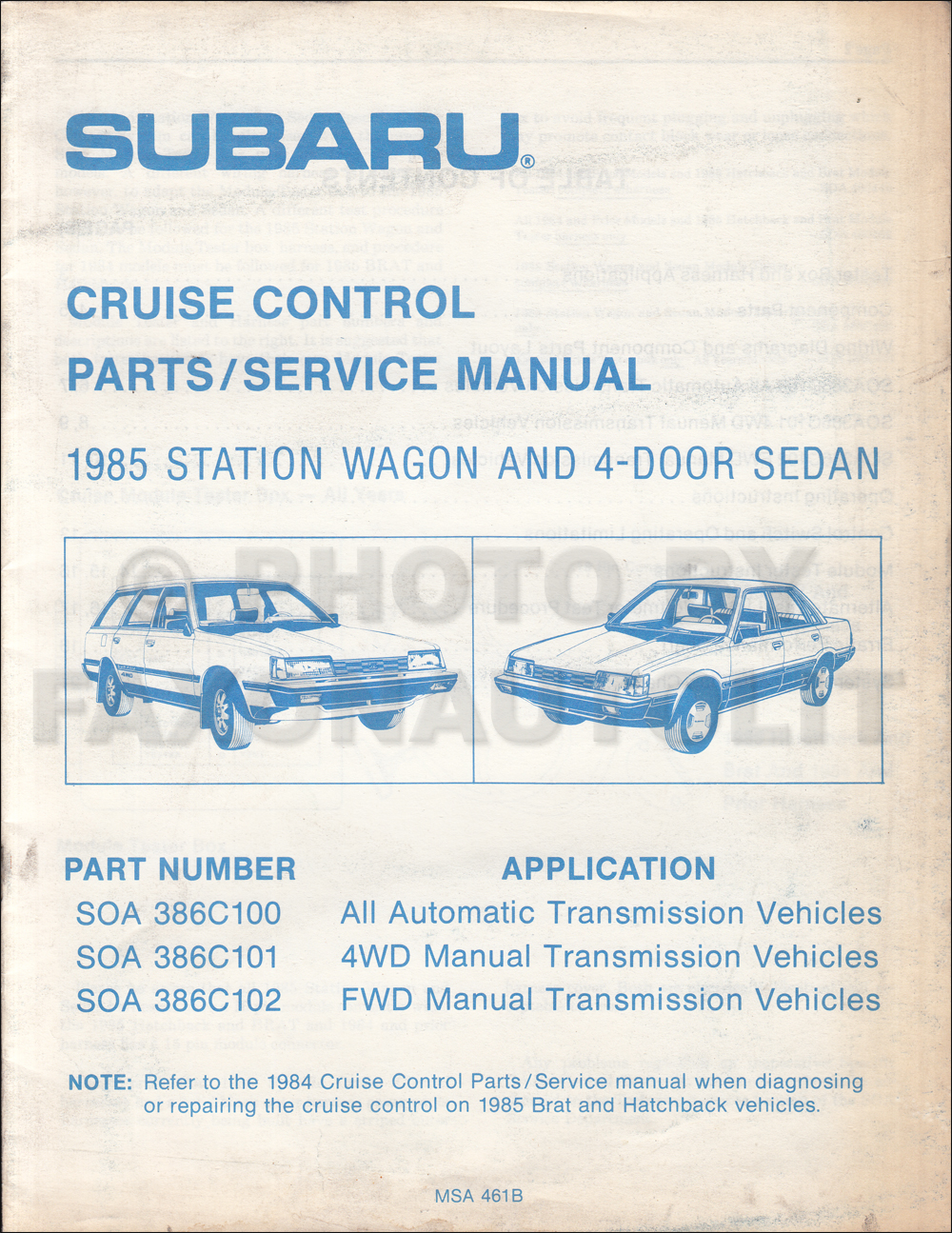 1986 Subaru Cruise Control Shop Manual Original 