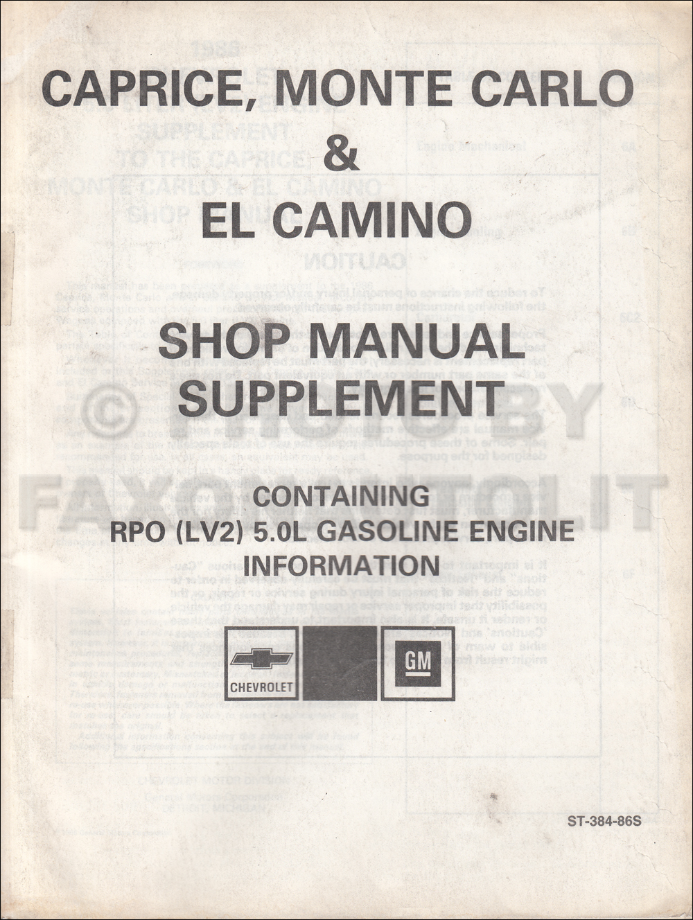 1986 Chevrolet Caprice Station Wagon Repair Shop Manual Original Supplement 5.0 Engine RPO LV2