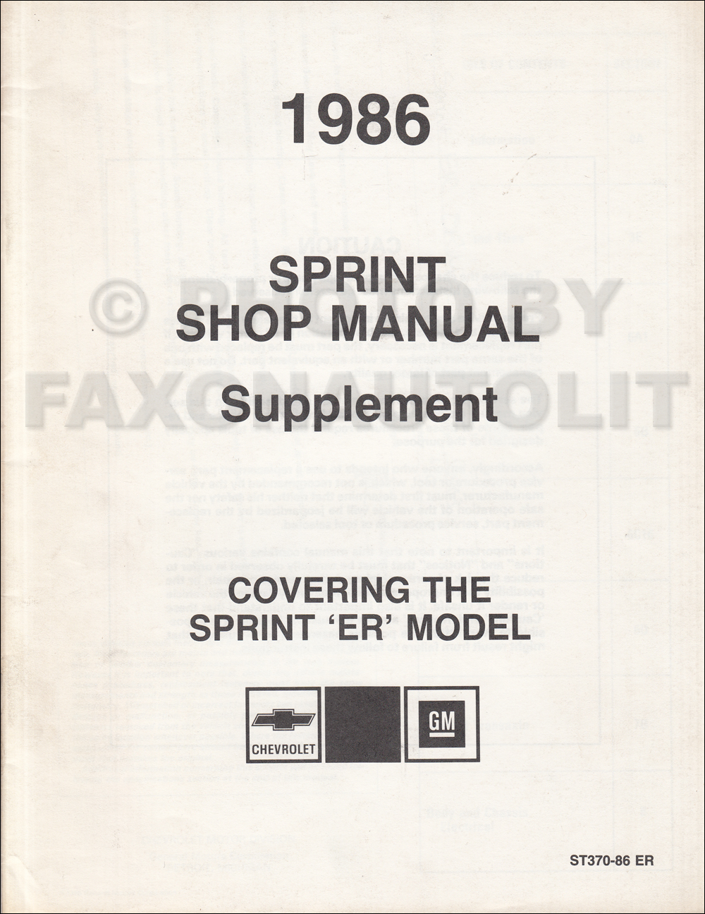 1986 Chevy Sprint ER Repair Shop Manual Original Supplement