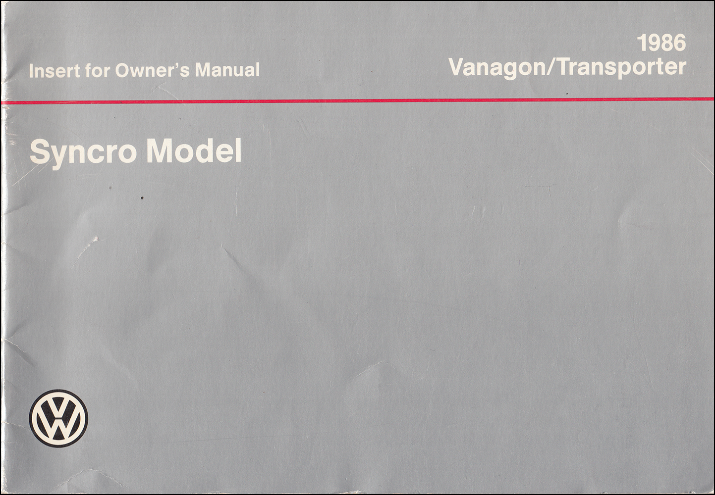 1986 Volkswagen Vanagon Transporter Syncro All-Wheel Drive Owner's Manual Supplement Original