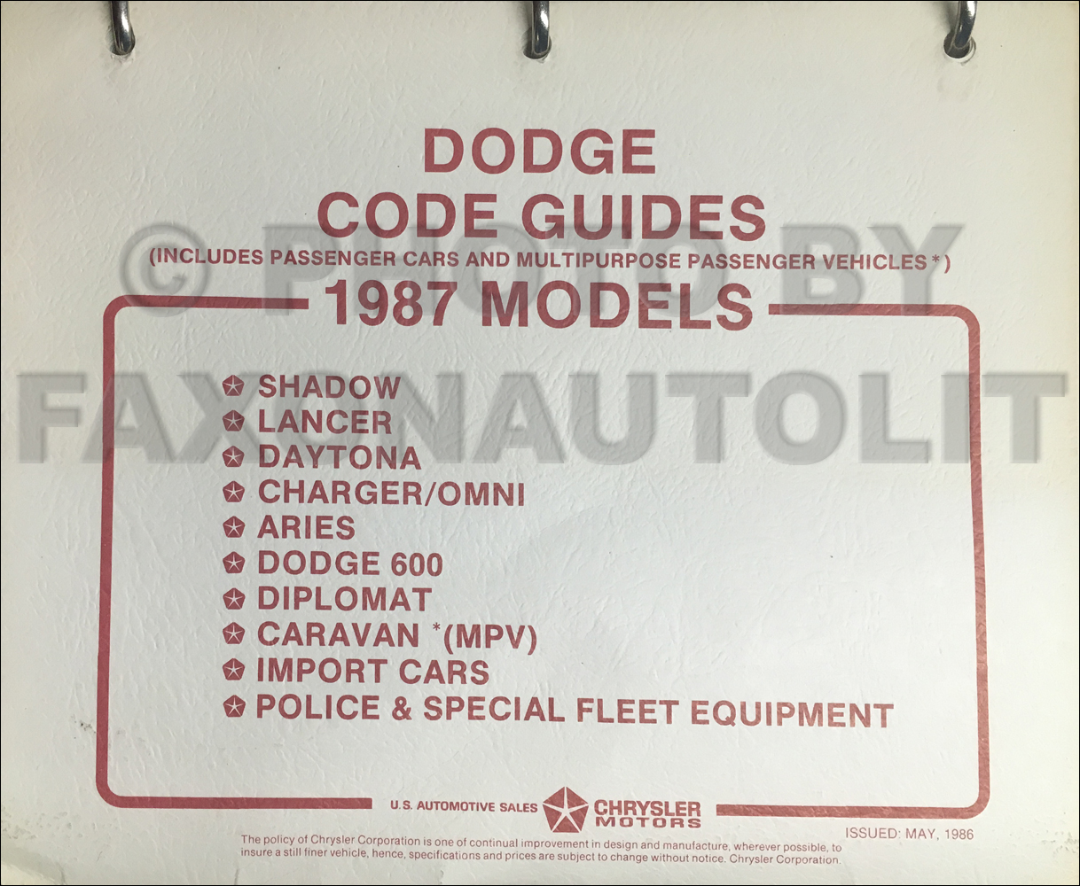1987 Dodge Car Code Ordering Guide Original