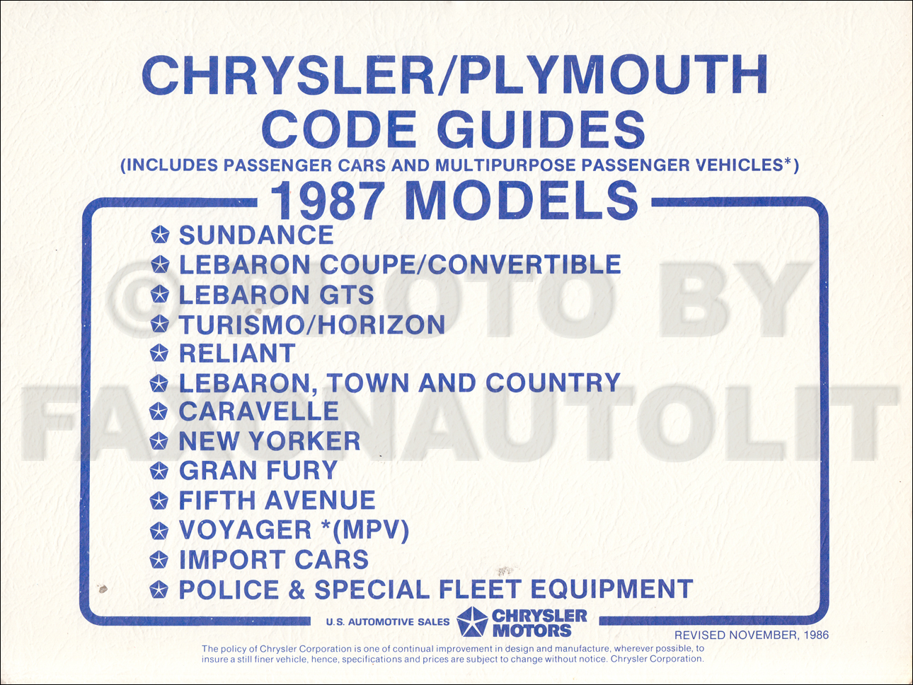 1987 Plymouth & Chrysler Ordering Code Guide Original