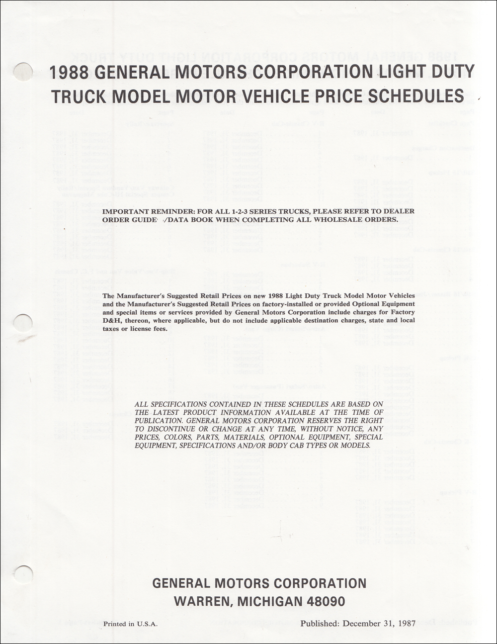 1988 Chevrolet Truck Price Schedule Dealer Album Original
