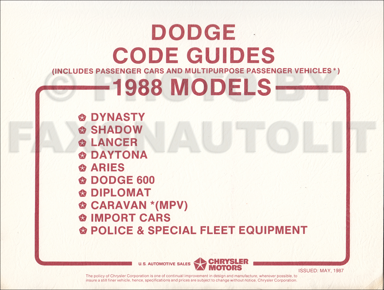 1988 Dodge Car Ordering Guide Original