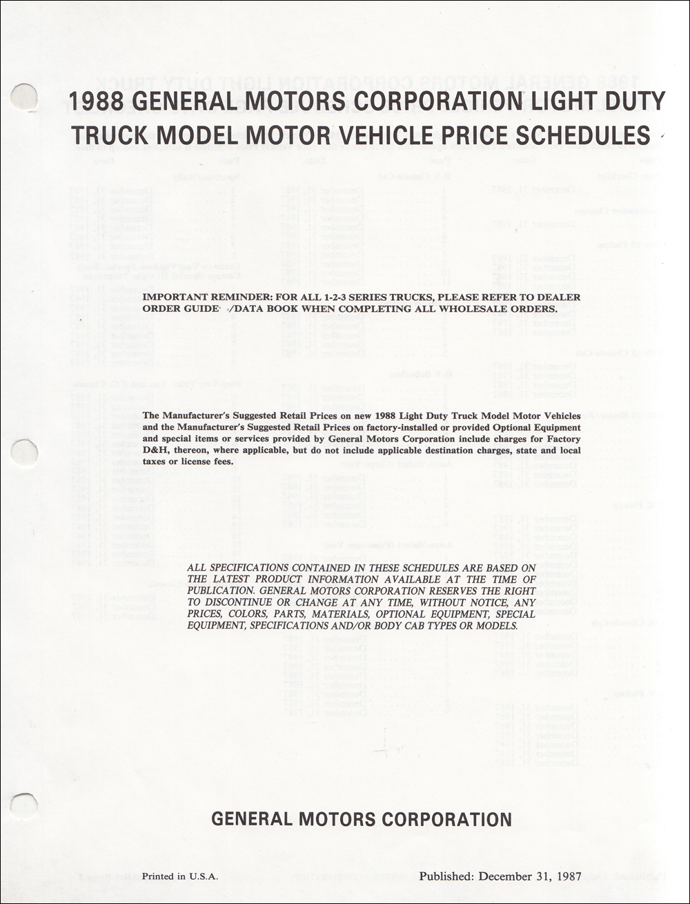 1988 GMC Truck Price Schedule Dealer Album Original