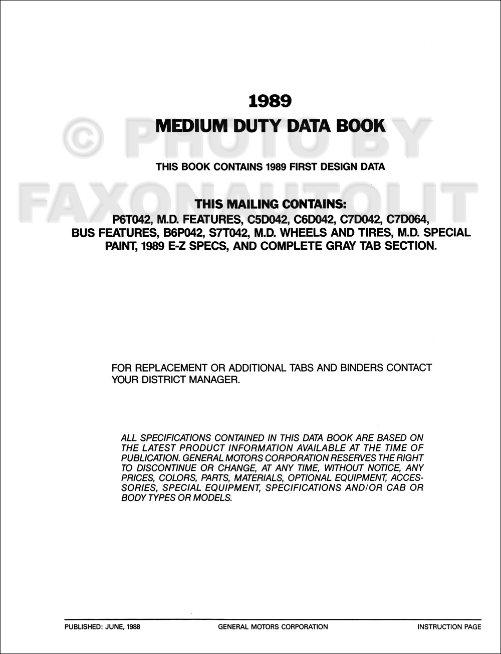 1989 GMC Medium Duty Data Book Original