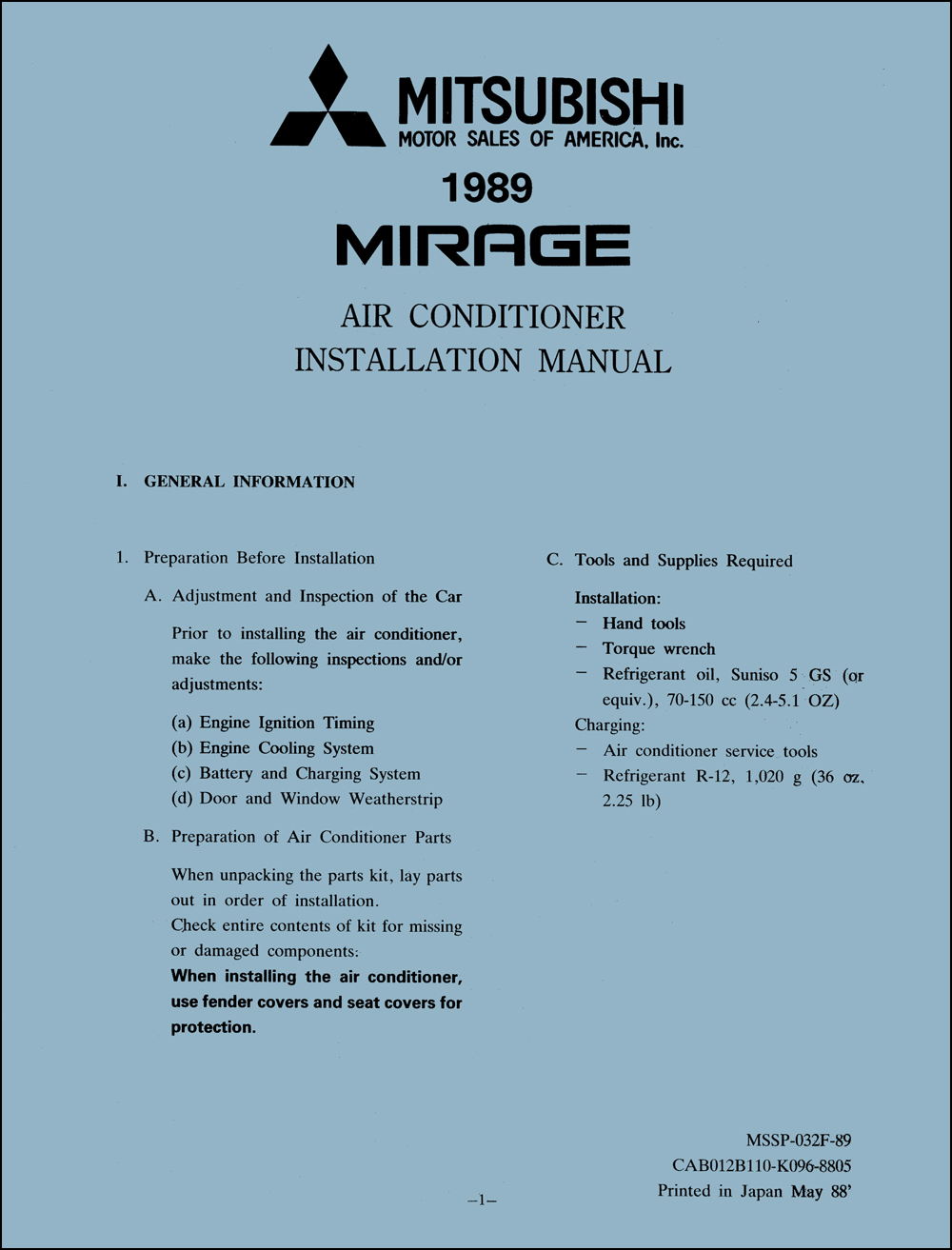 1989 Mitsubishi Mirage Air Conditioner Installation Instruction Manual Original A/C