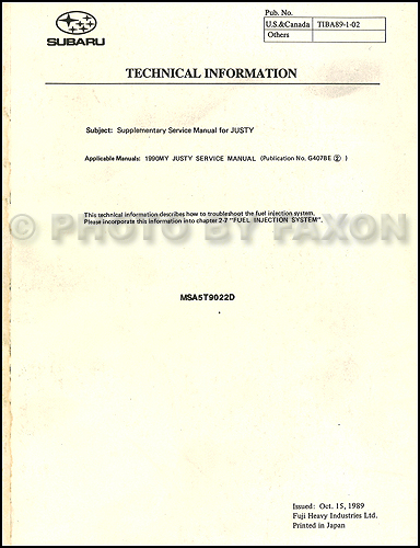 1990 Subaru Justy Fuel Injection Repair Manual Supplement Original