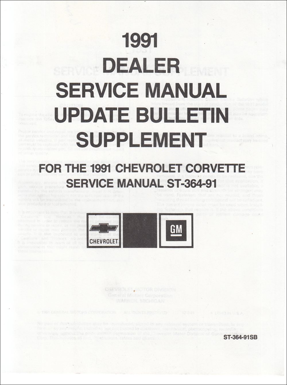 1991 Chevrolet Corvette Shop Manual Manual Service Bulletin Supplement Update