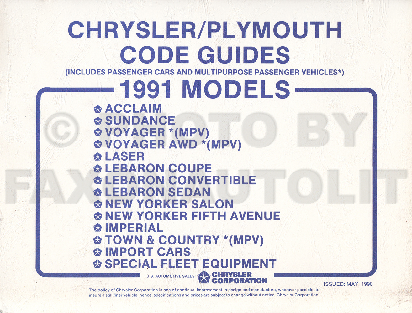 1991 Chrysler Plymouth Ordering Code Guide Original