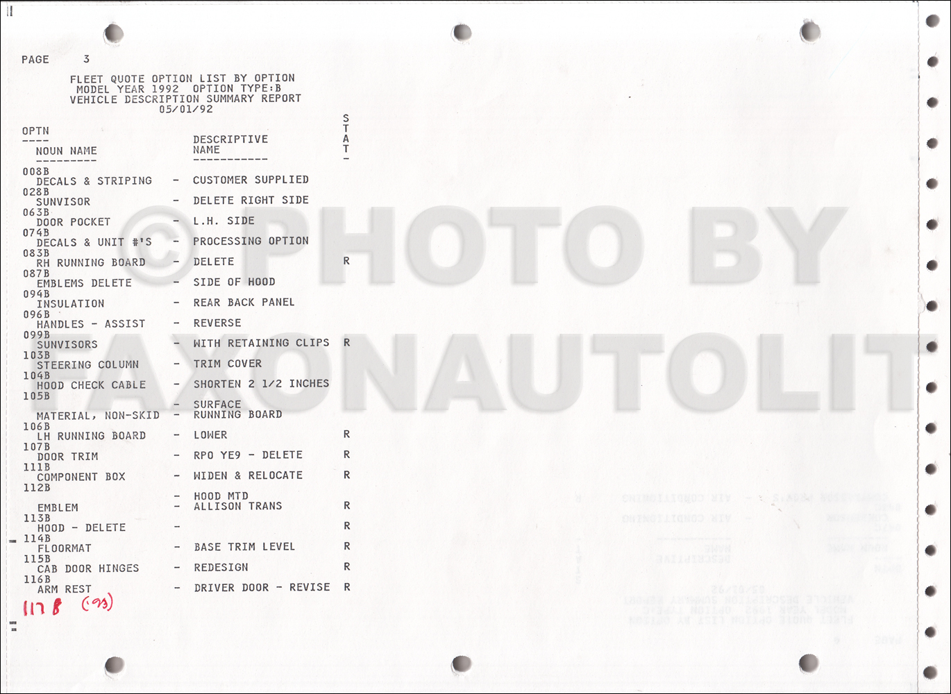 1992 GMC Fleet Option Code List Original