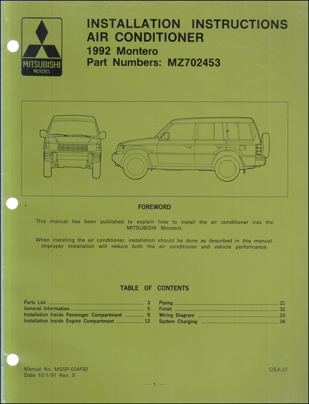 1992 Mitsubishi Montero Air Conditioner Installation Instruction Manual Original