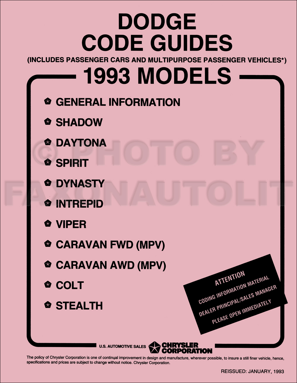 1993 Dodge Ordering Code Guide Original