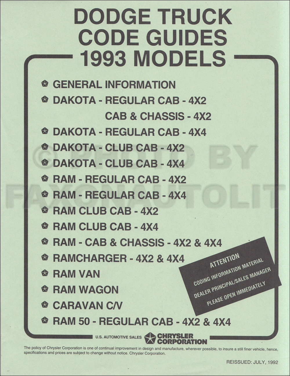 1993 Dodge Truck Ordering Guide Original