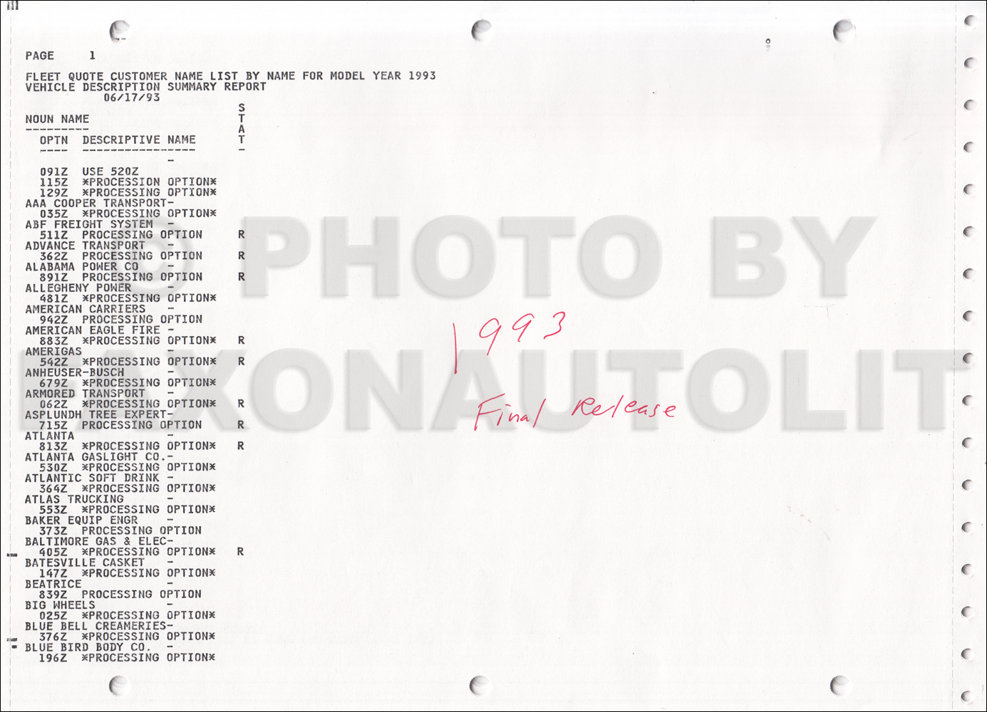 1993 GMC Fleet Option Code List Original