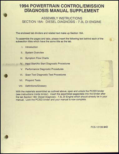 1994 Ford 7.3L DI Diesel Engine/Emissions Diagnosis Manual Original 
