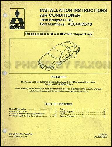 1994 Mitsubishi Eclipse 1.8L Air Conditioner Installation Instruction Manual Original A/C