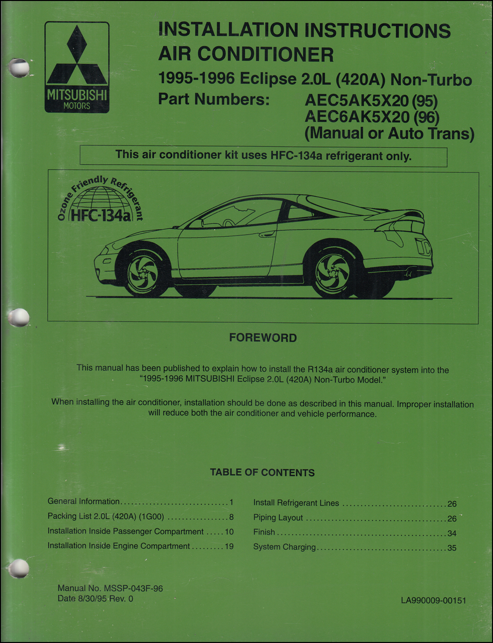 1995-1996 Mitsubishi Eclipse 2.0L  Eclipse 2.0L non-turbo Air Conditioner Installation Instruction Manual Original