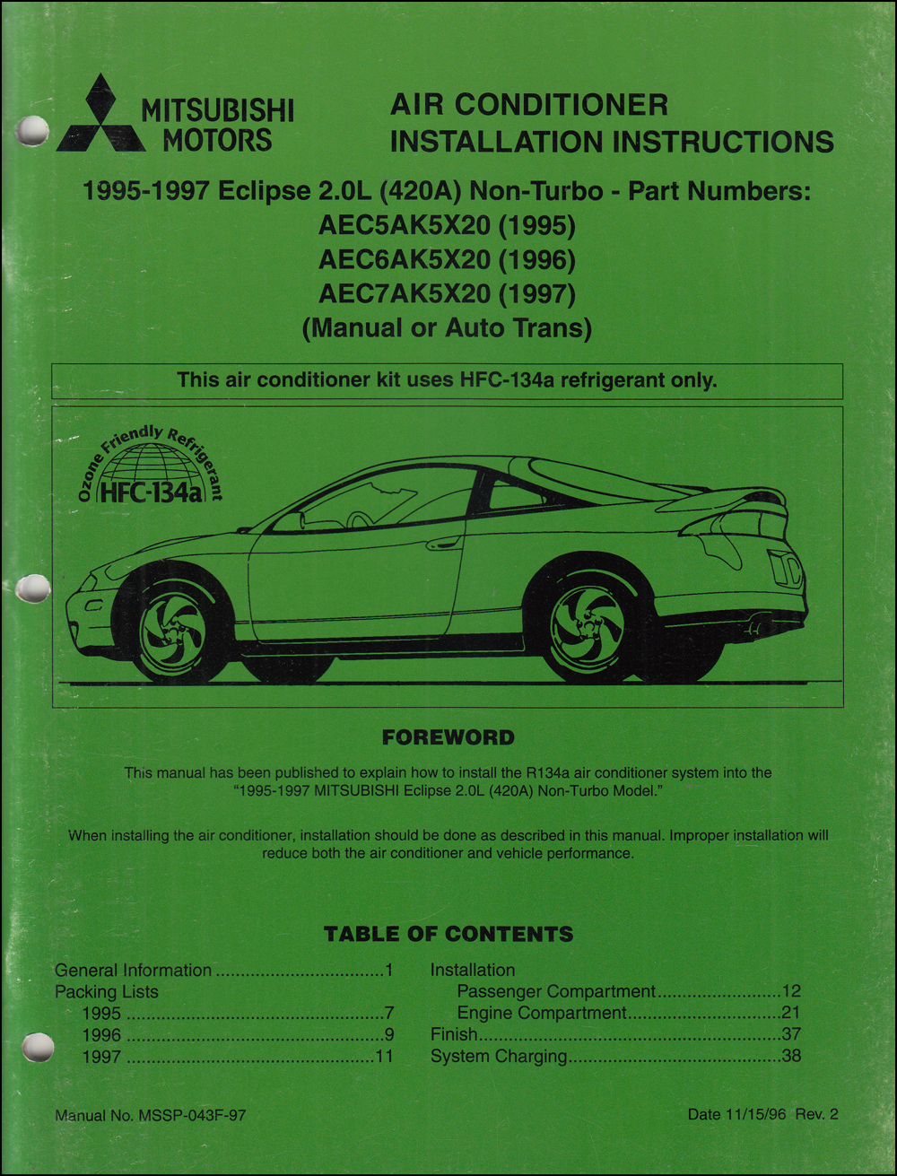 1995-1997 Mitsubishi Eclipse 2.0L non-turbo Air Conditioner Installation Instruction Manual Original