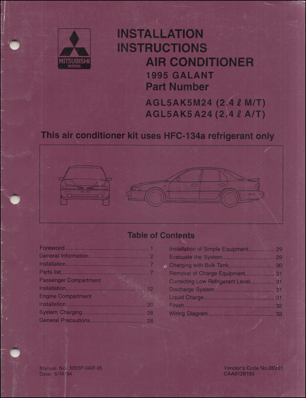 1995 Mitsubishi Galant Air Conditioner Installation Instruction Manual Original A/C