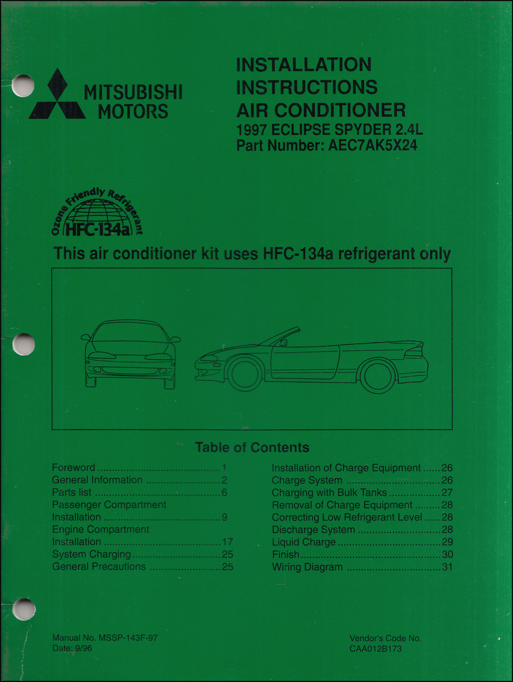 1997 Mitsubishi Eclipse Spyder GS 2.4L Air Conditioner Installation Instruction Manual Original A/C