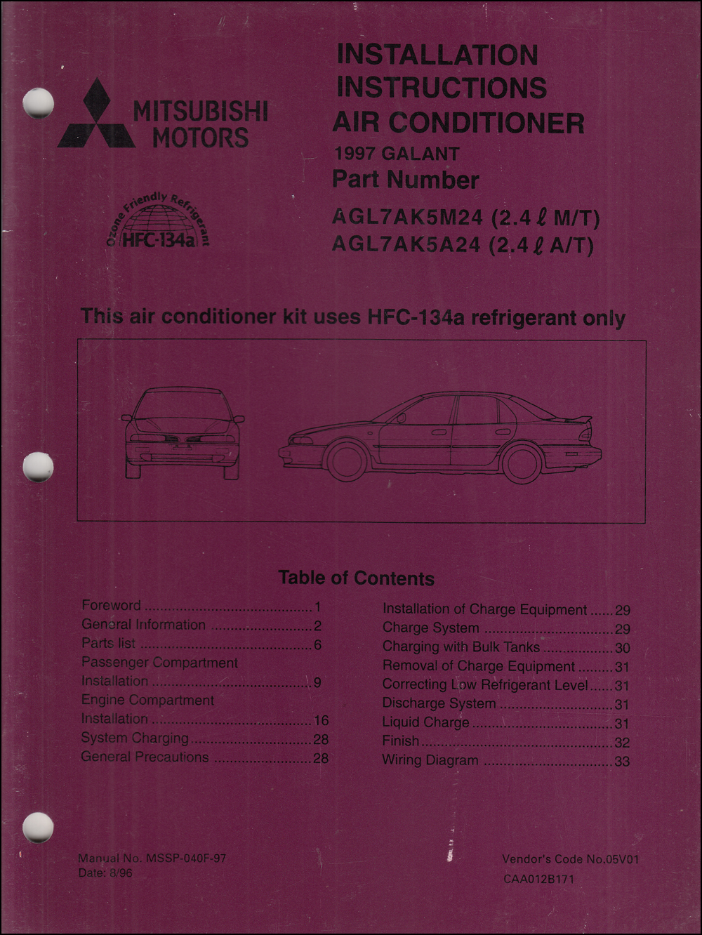 1997 Mitsubishi Galant Air Conditioner Installation Instruction Manual Original A/C