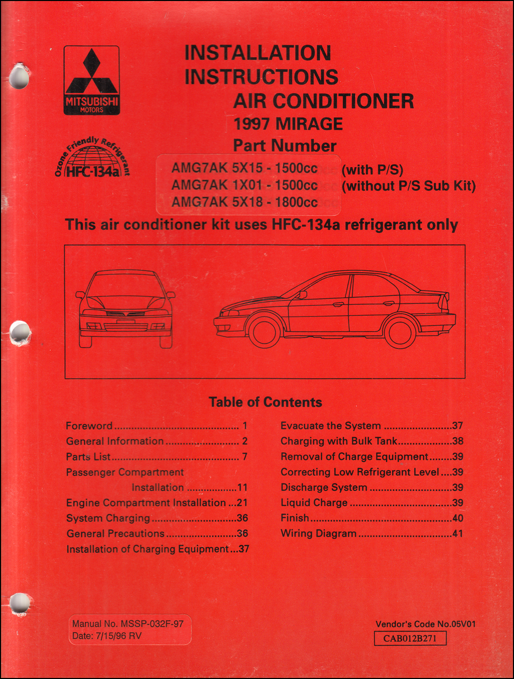 1997 Mitsubishi Mirage Air Conditioner Installation Instruction Manual Original A/C