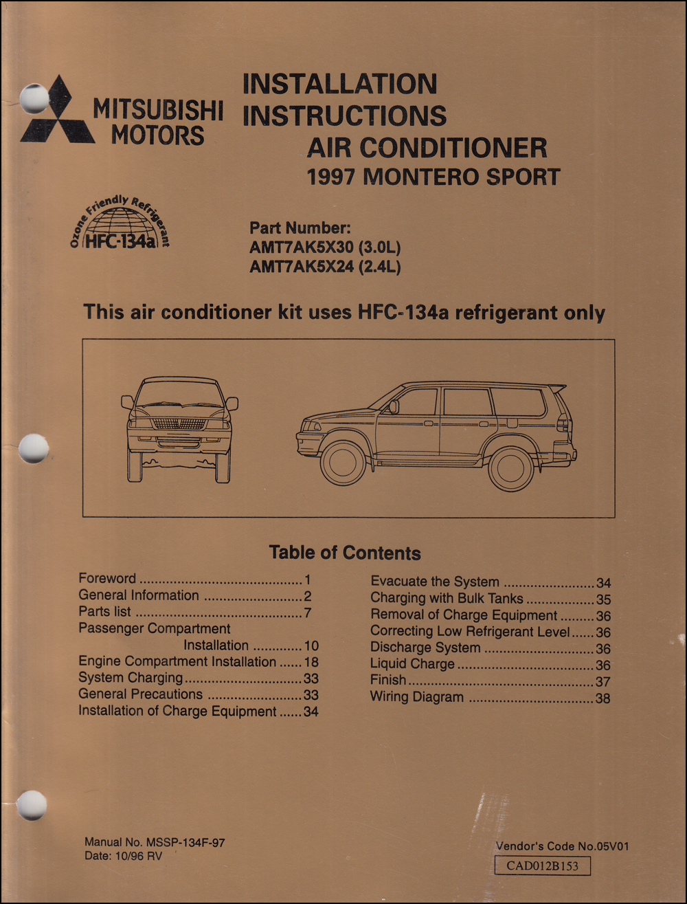 1997 Mitsubishi Montero Sport Air Conditioner Installation Instruction Manual Original