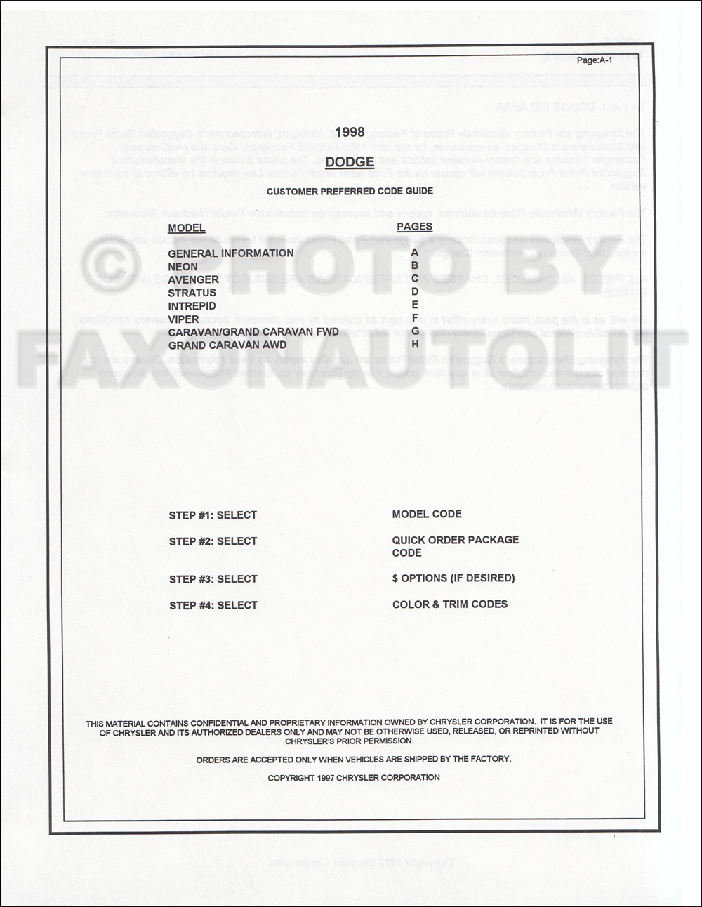 1998 Dodge Car Ordering Code Guide Original