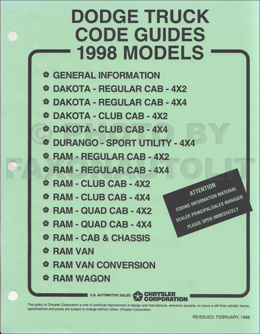 1998 Dodge Truck Ordering Code Guide Original
