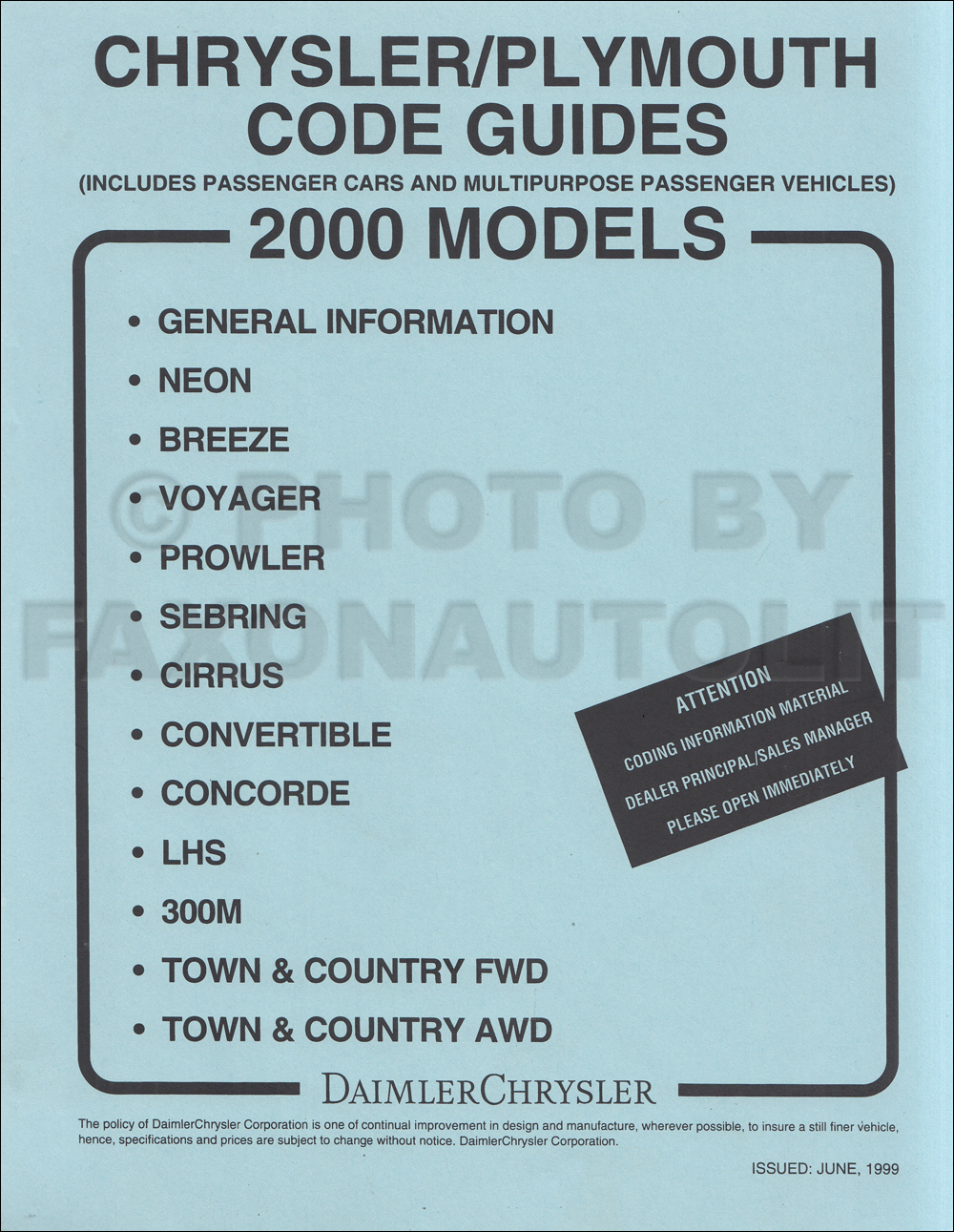 2000 Chrysler Plymouth Ordering Guide Original