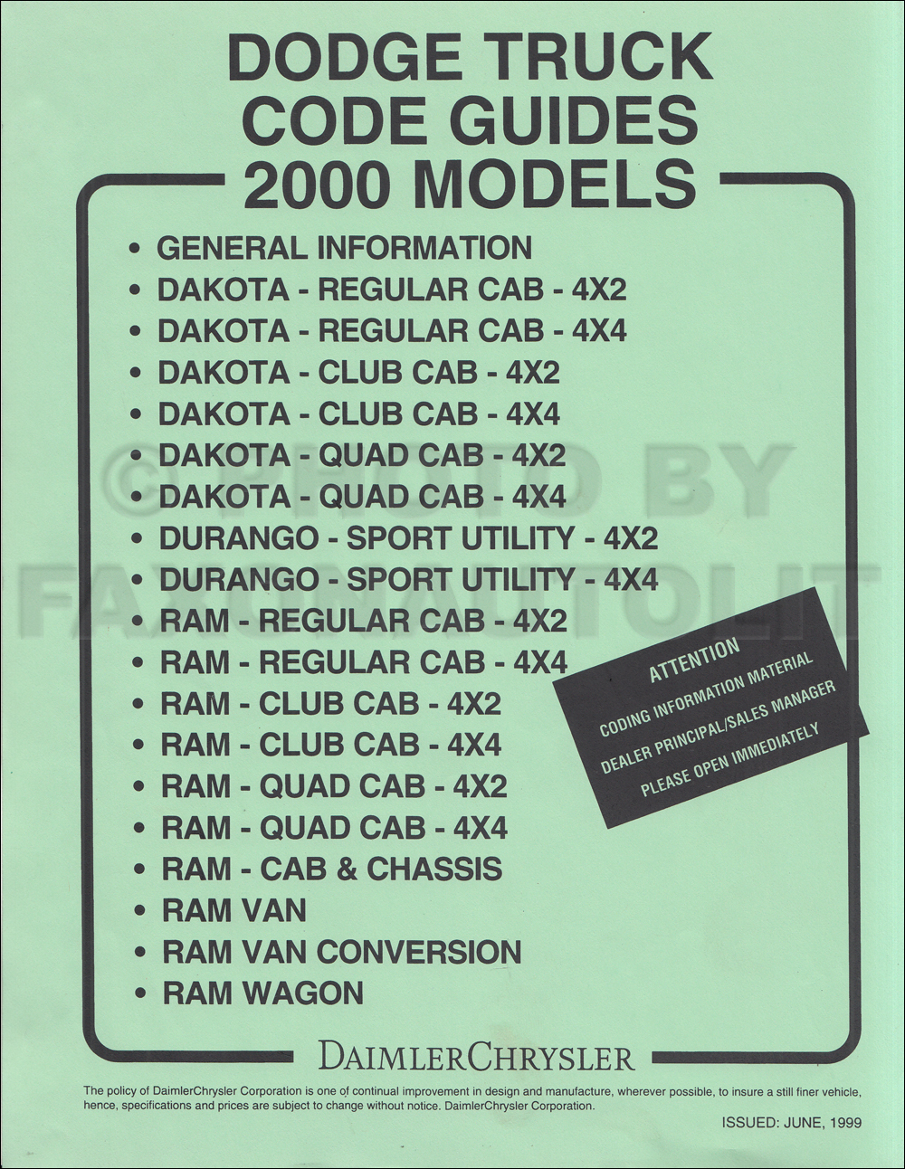 2000 Dodge Truck Ordering Guide Original