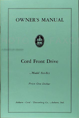 1936-1937 Cord Model 810-812 Reprint Owner's Manual with envelope